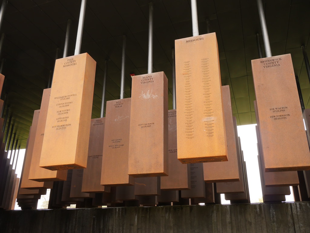 Metal boxes resembling coffins hang in the National Memorial for Peace and Justice, Montgomery, Alabama